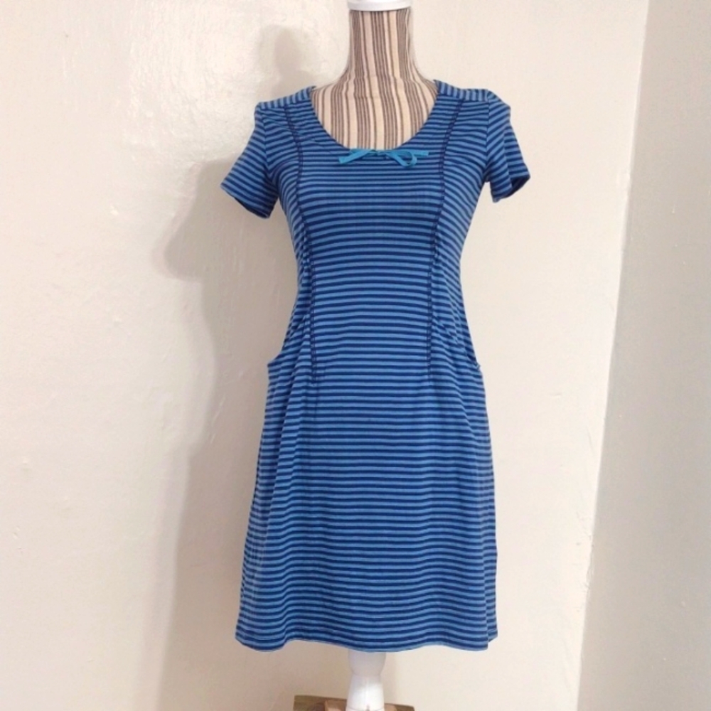ibex Blue Striped 100% Merino Wool Short Sleeve Tie Waist Mini Dress  Pockets XS
